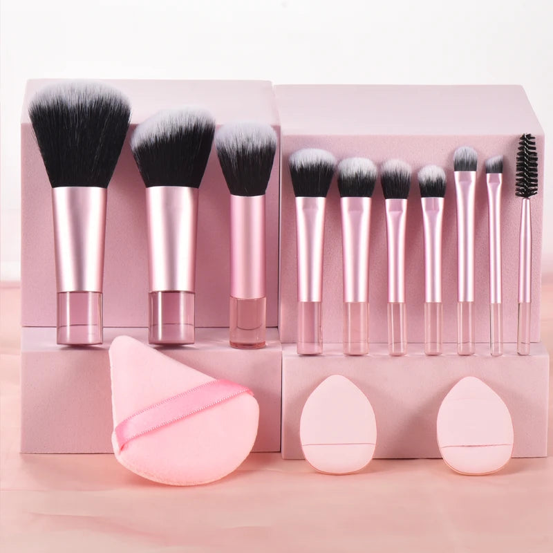 Mini Makeup Brush Set Travel Portable Cosmetic Tool Kit - 10 Pink Handles