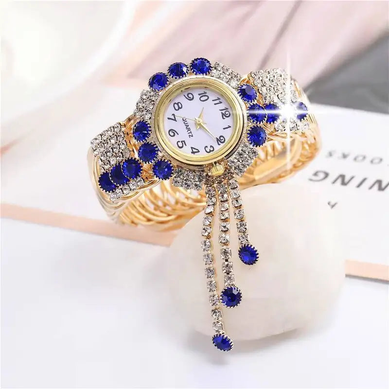 Fashion Women's Quartz Watch with Rhinestones and Adjustable Bangle