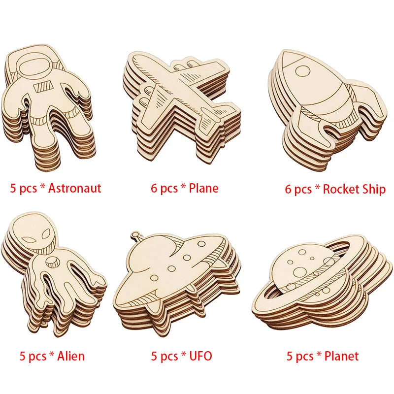 Wooden Space Craft Cutouts for Kids DIY Art Projects and Home Decor - 32 Pieces
