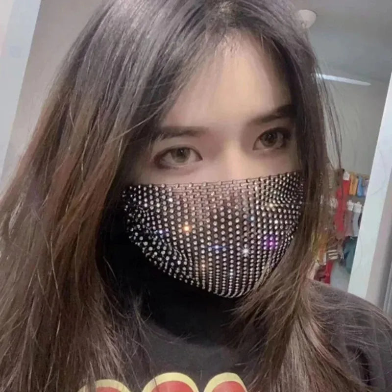 Fashion Rhinestone Face Mask with Elastic Headscarf for Party Halloween Cosplay