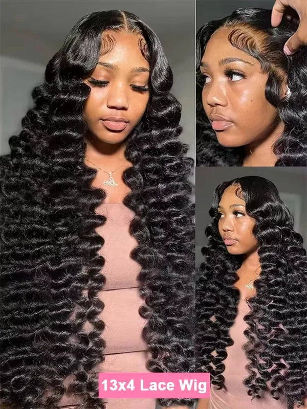 Deep Wave Human Hair Wig 13x6 HD Transparent Lace 220 Density Curly Front Wigs