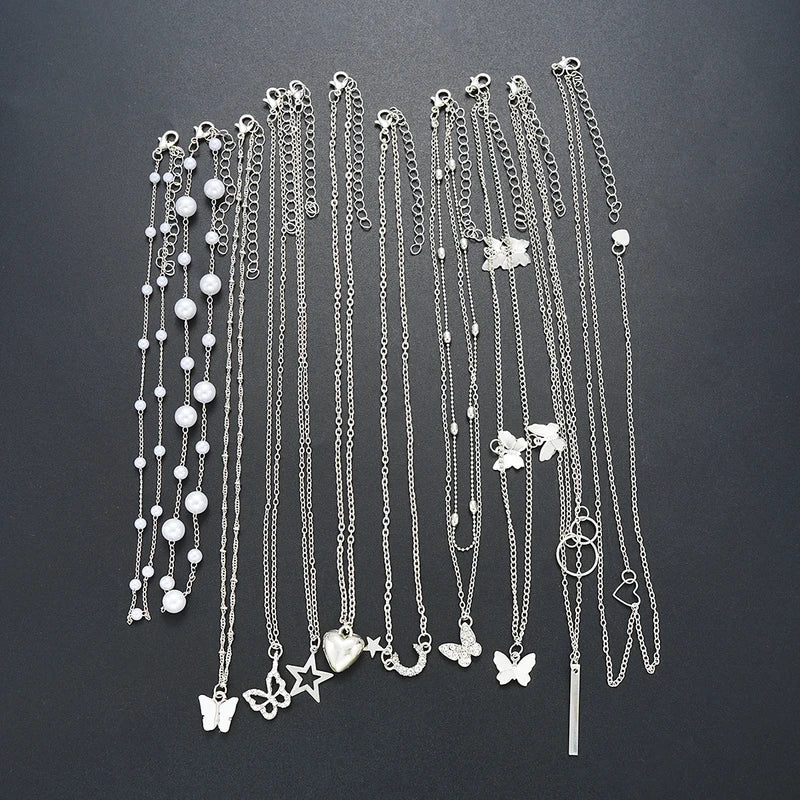 11Pcs Heart Butterfly Moon Pendant Necklace Jewelry Set for Women, Silver & Gold Colors