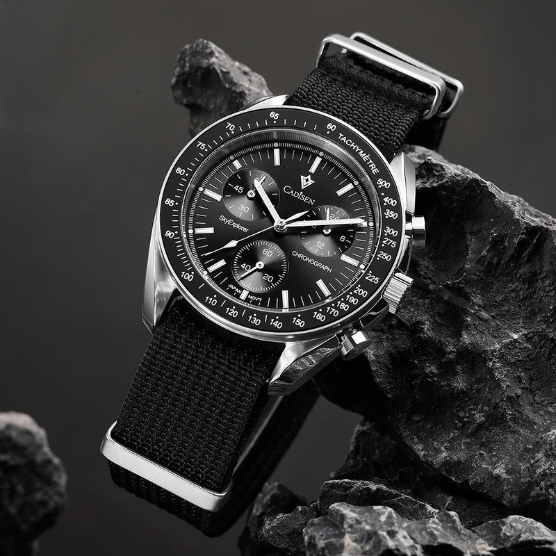 Men's Luxury Quartz Chronograph Watch with Sapphire Crystal and Canvas Strap