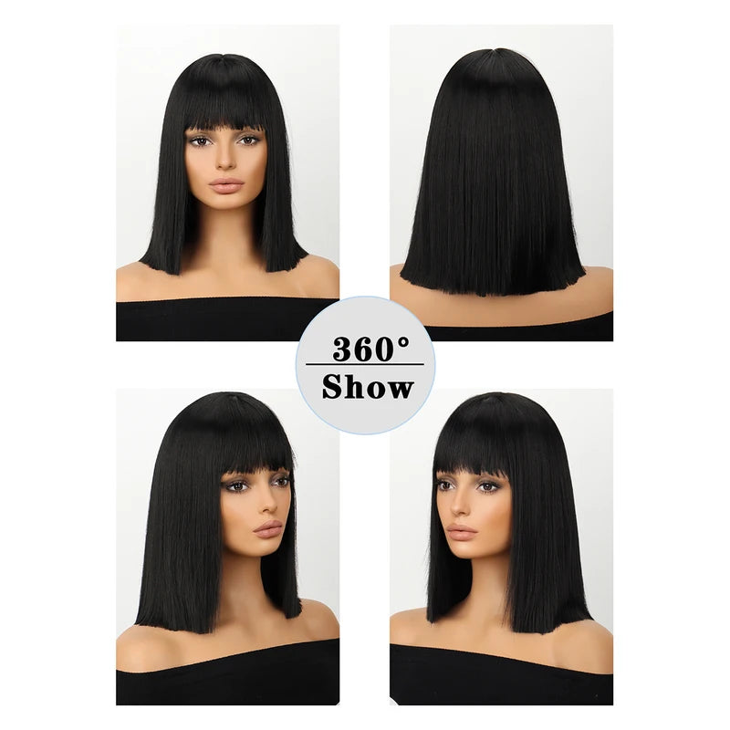 Black Bob Wig with Bangs for Women Short Straight Synthetic Heat-Resistant Wig
