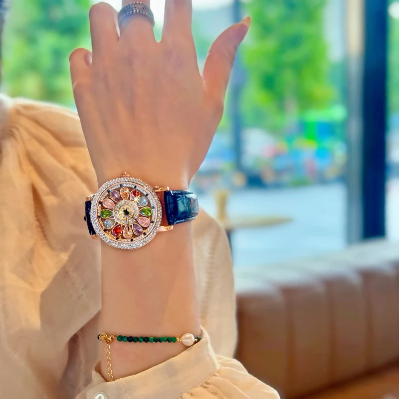 Women's Quartz Watch with Colorful Rhinestone Inlay and Rotatable Dial