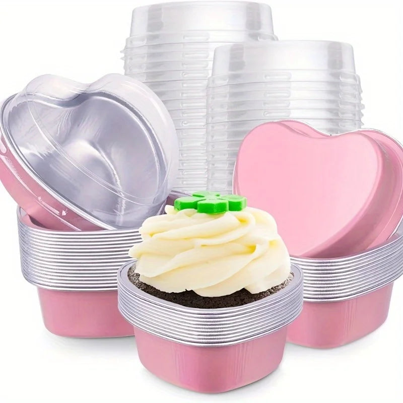 20pcs Heart-Shaped Aluminum Foil Cake Cups with Lids - Baking & Wedding Supplies