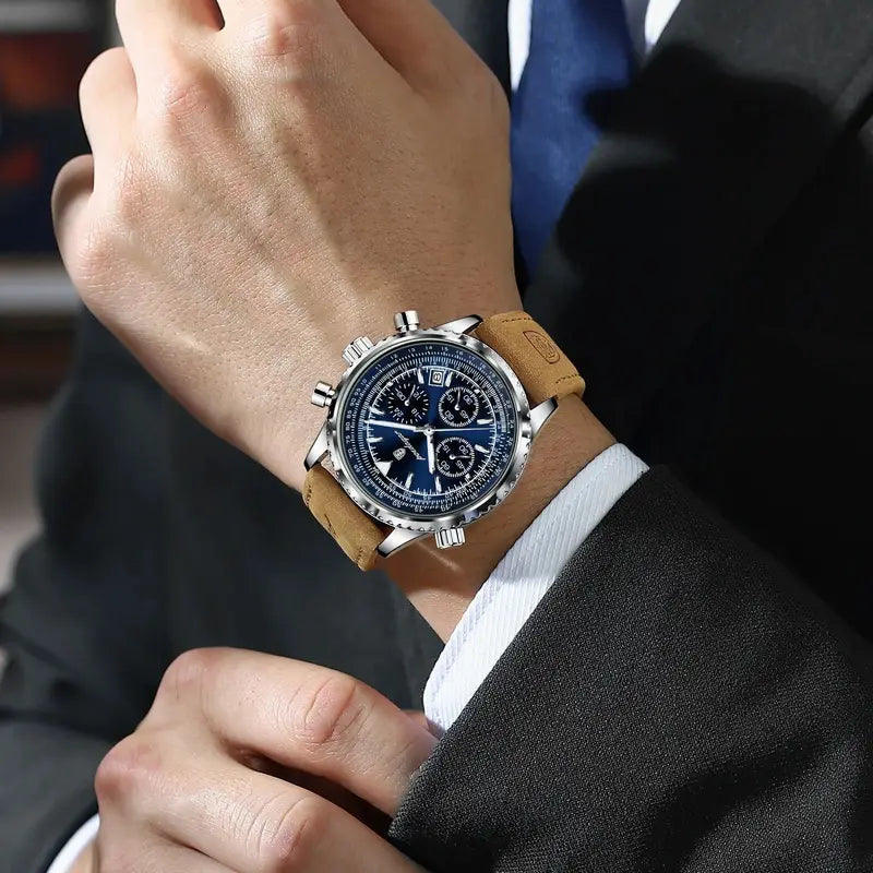 Luxury Men's Waterproof Luminous Chronograph Watch with Leather Strap