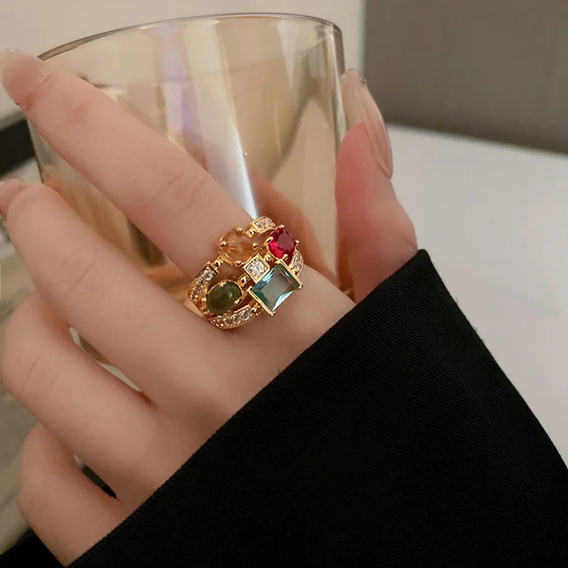 Colorful Zircon Ellipse Multi-Layer Open Mouth Rings for Women - Trendy Creative Jewelry