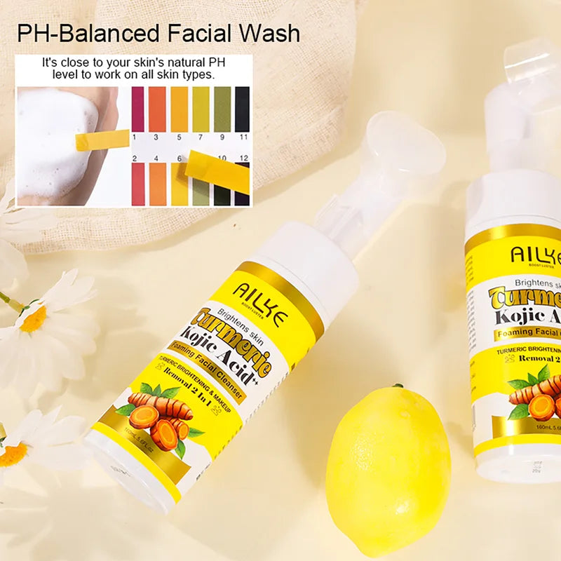 Brightening Foaming Facial Cleanser with Turmeric & Kojic Acid - 160ml, Removes Makeup & Acne