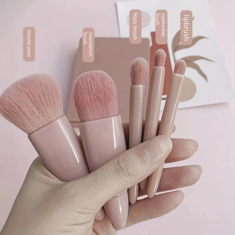Pink Makeup Brush Set with Mirror Compact - 5 Soft Bristles for Face & Eye Makeup