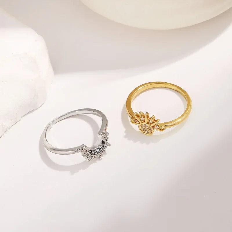 Sun and Moon Sterling Silver Ring Set for Women with Cubic Zirconia – Stackable Promise Jewelry