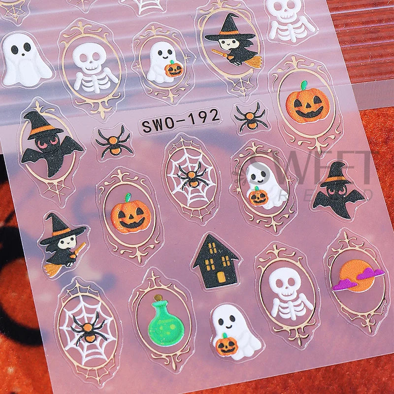 Halloween Nail Stickers Cartoon Ghost Pumpkin Skeleton Bat Decals DIY Manicure Decorations