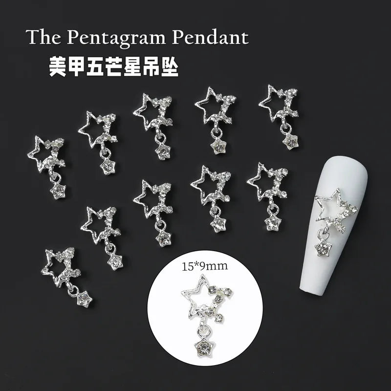 10pcs Nail Art Charm Set with Star Heart Saturn Rhinestones Glitter Decorations