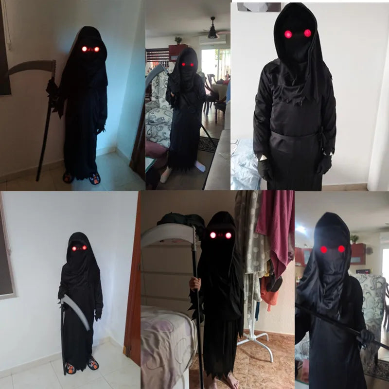 Halloween Grim Reaper Skeleton Costume for Children with Glowing Eyes & Scythe Props