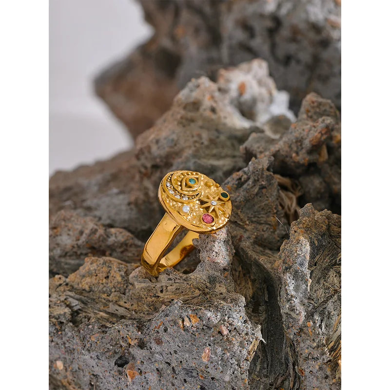 Colorful CZ Star Moon Eye Charm Ring - Celestial Jewelry for Women