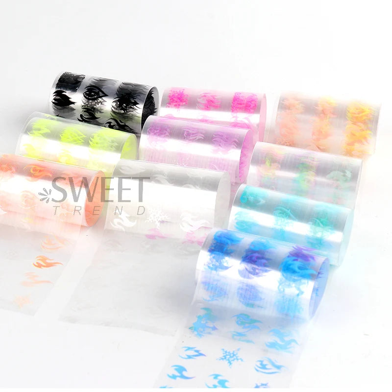 Fluorescent Fire Flame Nail Transfer Foils - Neon Sparkle Nail Art Stickers, Halloween Series