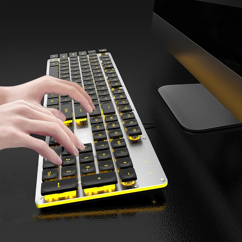 Silent Mechanical Office Keyboard 104 Keys All-Metal Panel Water Drop Keycaps Wired