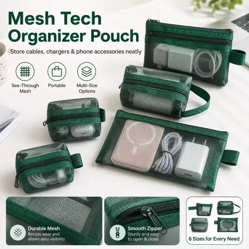 6-Pack Transparent Mesh Travel Organizer Pouches for Makeup, Toiletries, Coins and Small Items
