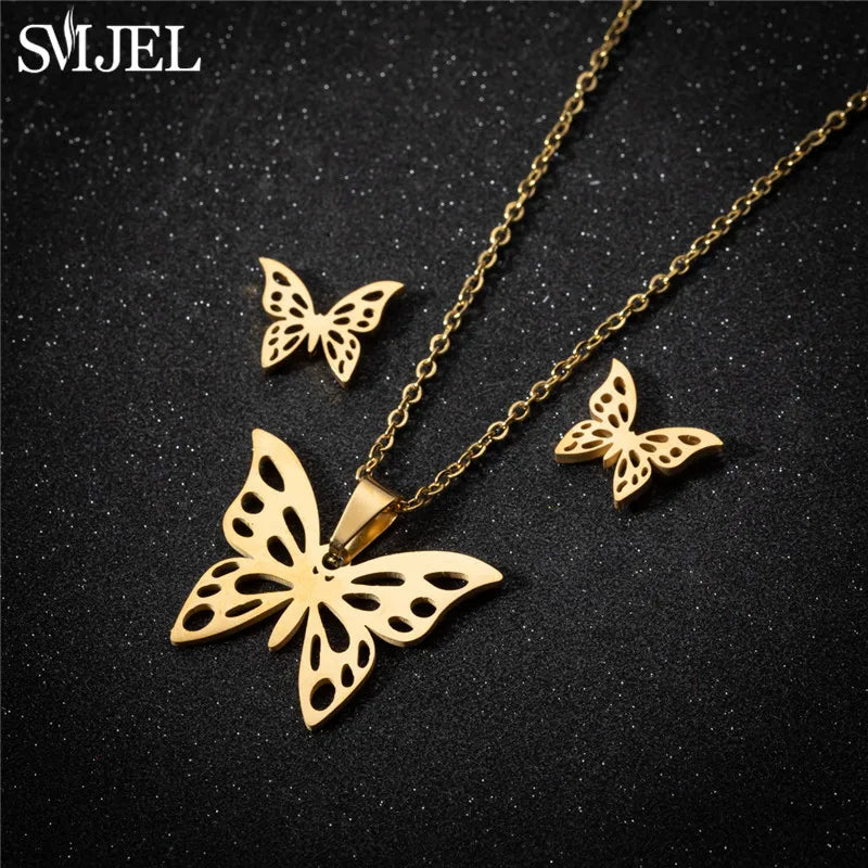 Korea Style Stainless Steel Jewelry Sets with Butterfly & Bee Pendants for Women Summer Beach Wedding Gift