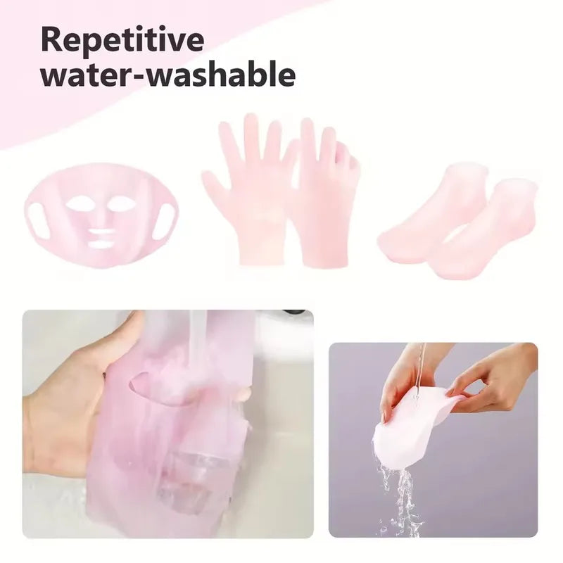 Silicone Skin Care 3-Piece Set - Reusable Moisturizing Masks, Gloves & Socks for Hands, Feet & Face