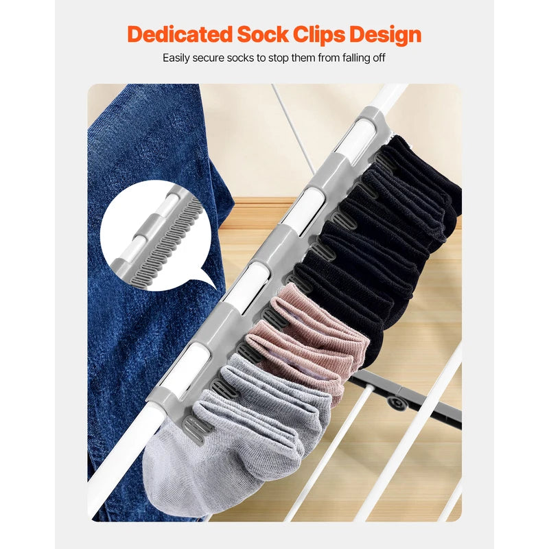 Foldable Clothes Drying Rack with Sock Clips, Adjustable Height Indoor Outdoor Laundry Dryer