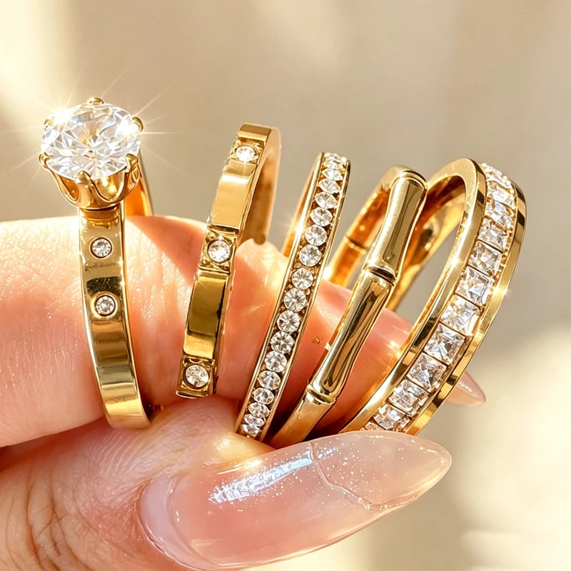 Stackable Zircon Ring Set for Women - Stainless Steel Jewelry Gifts