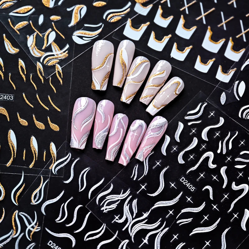 French Nail Stickers with Gold Silver Stripes Waves Ribbons Reflective Powder Decals