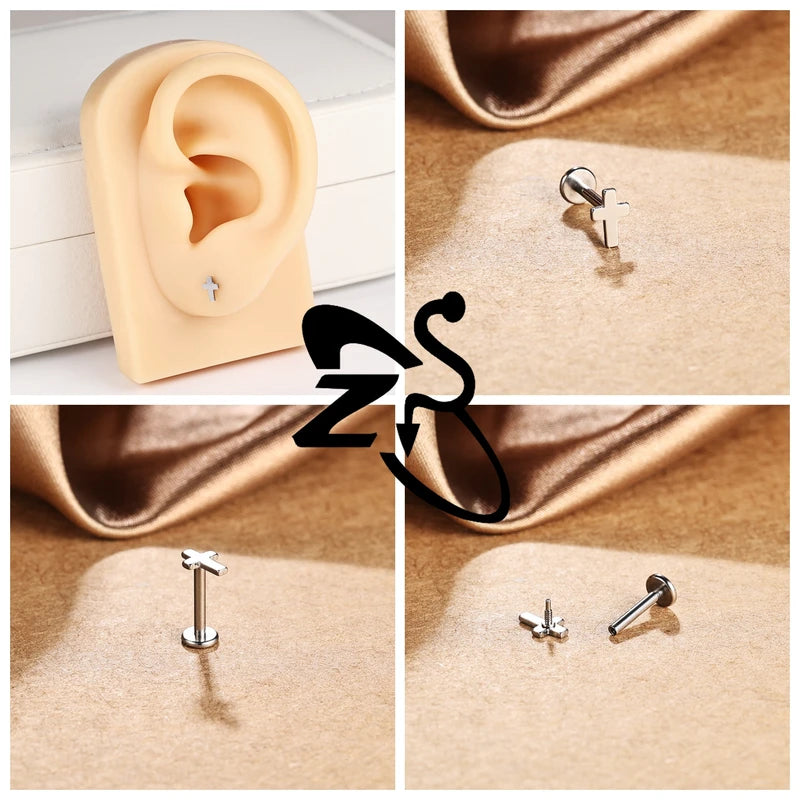 Stainless Steel Lip Studs with Cross & Star Shapes - Labret Piercing Jewelry 16G/18G 6/8mm