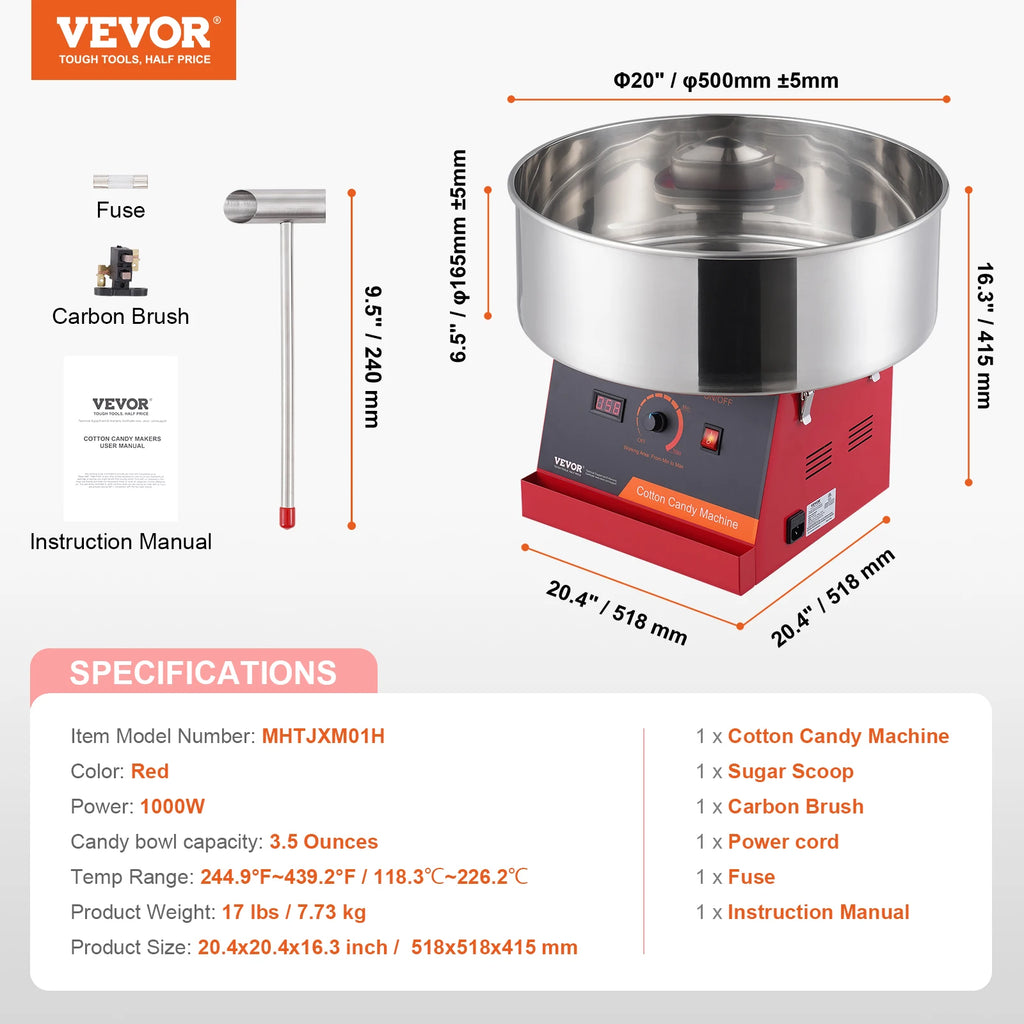 Commercial Electric Cotton Candy Machine 1000W Stainless Steel Bowl & Sugar Scoop