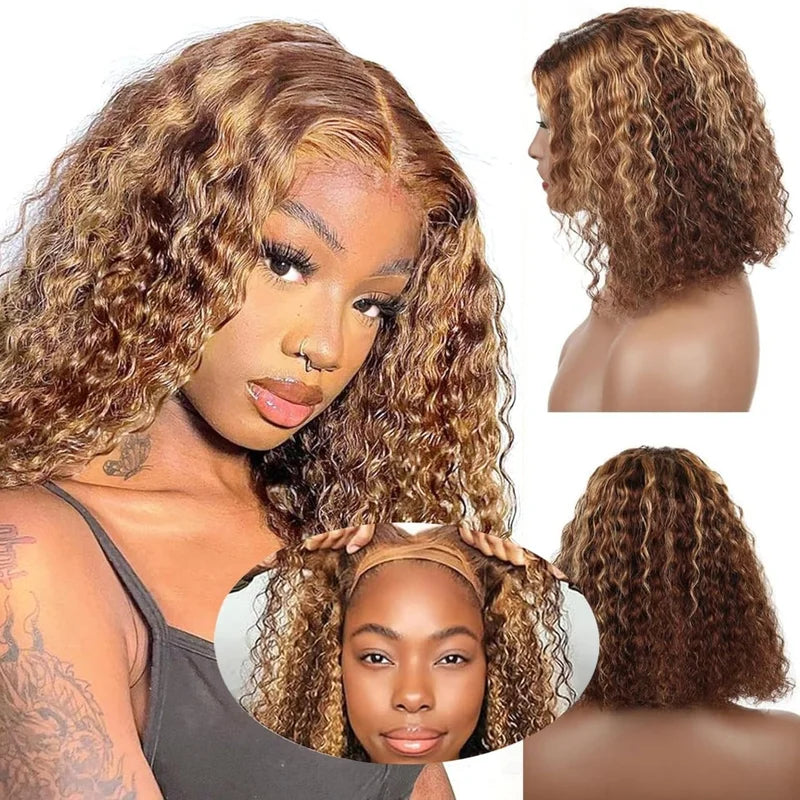 Glueless Highlight Bob Wig Human Hair with 5x5 HD Lace Closure - Deep Wave, Curly, Blonde