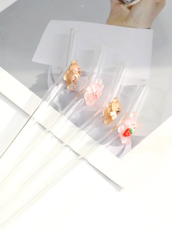 Cartoon Rabbit & Bear Glass Drinking Straws, Reusable Bendable Drinkware for Smoothies & Cocktails