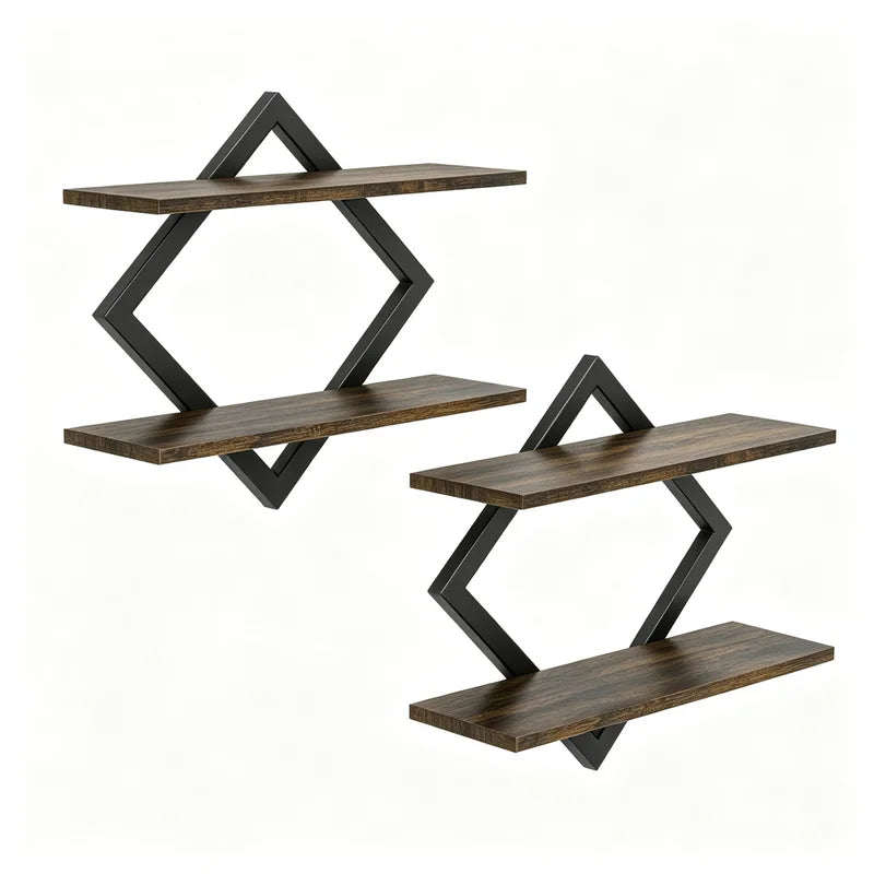 2-Tier Wall Mounted Storage Shelves - Rustic Wood & Metal Design for Living Room & Kitchen