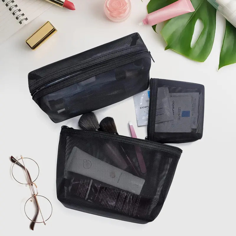 Mesh Cosmetic Bag Set 3-Pack Travel Makeup Storage with Zipper Closure
