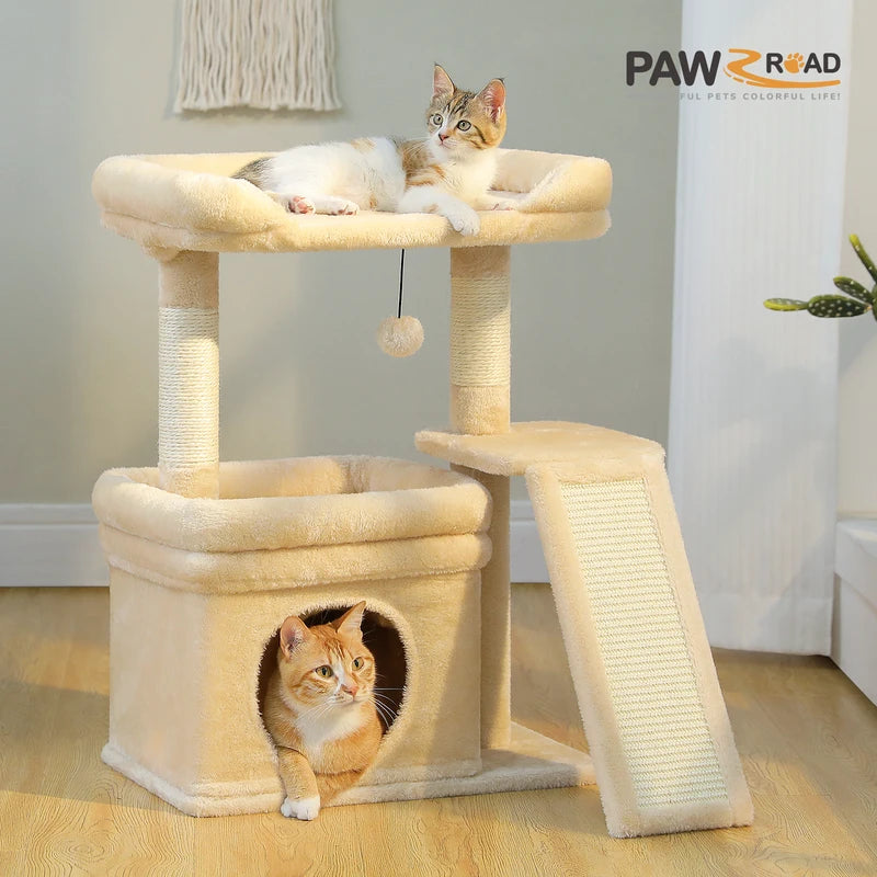 Small Cat Tree Tower with Sisal Scratching Posts and Large Perch - Indoor Cat Furniture