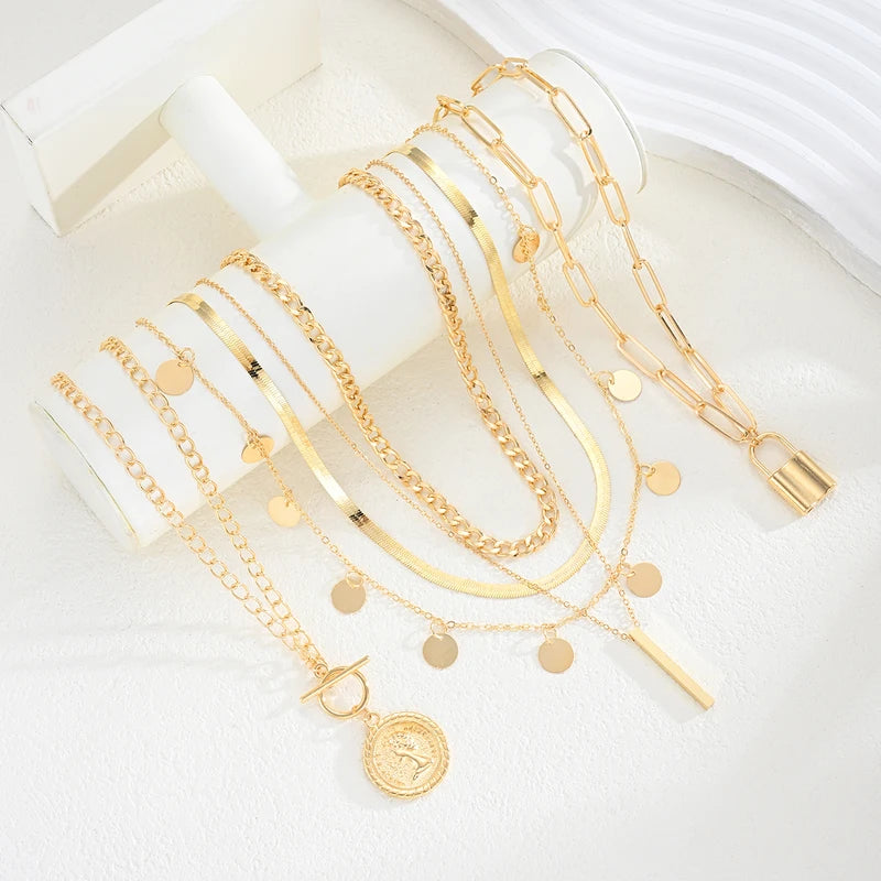 Vintage Multi-Element Pendant Necklace Set with Cross Lock Buckles - 6 or 3 Pieces