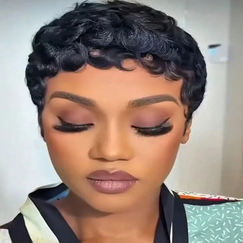 Short Pixie Wigs for Women - 6 Inch Curly Wave Human Hair, Glueless & Dense