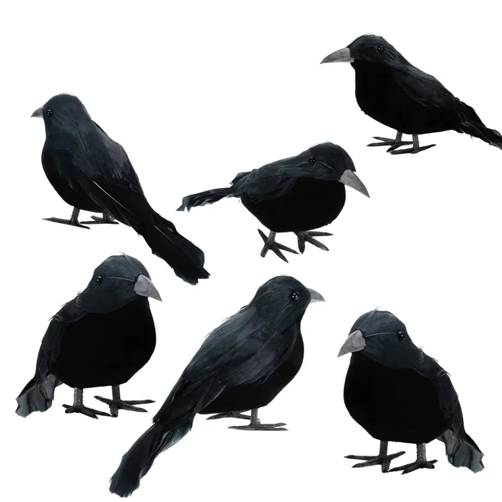 Lifelike Black Crow Halloween Decorations Set of 6 - Faux Feather Crows for Party & Garden