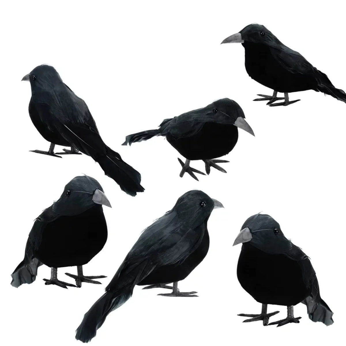 Lifelike Black Crow Halloween Decorations Set of 6 - Faux Feather Crows for Party & Garden