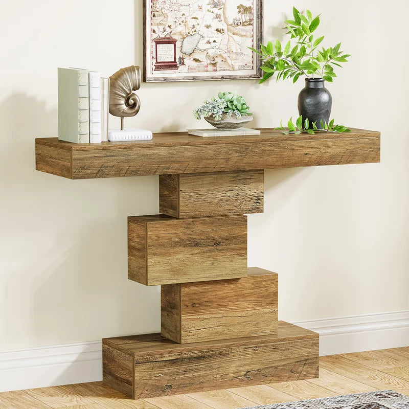 Farmhouse Console Table with Geometric Base - Narrow Wood Entryway & Sofa Accent