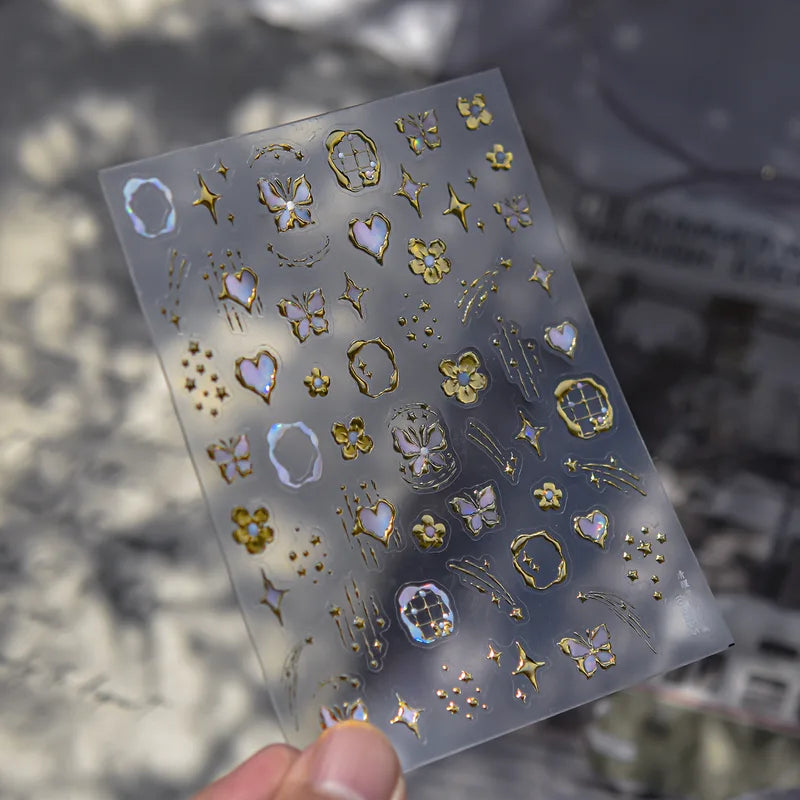 Nail Art Sticker Set with Butterfly Border and Gold Silver Accents - DIY Manicure Decoration