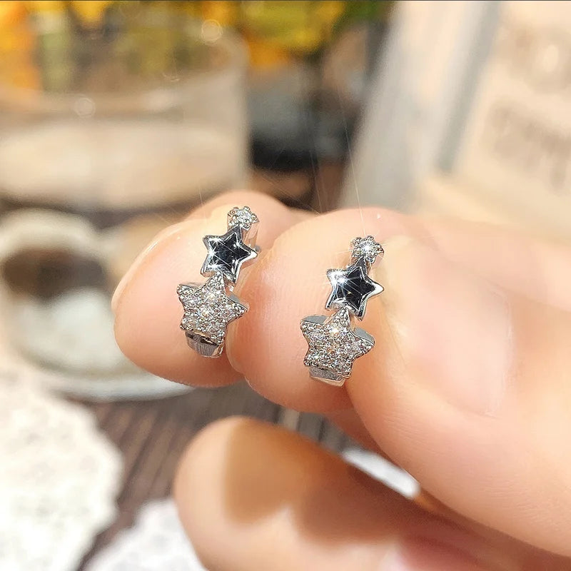 Women Star Hoop Earrings with CZ and Black Enamel - Delicate Circle Jewelry
