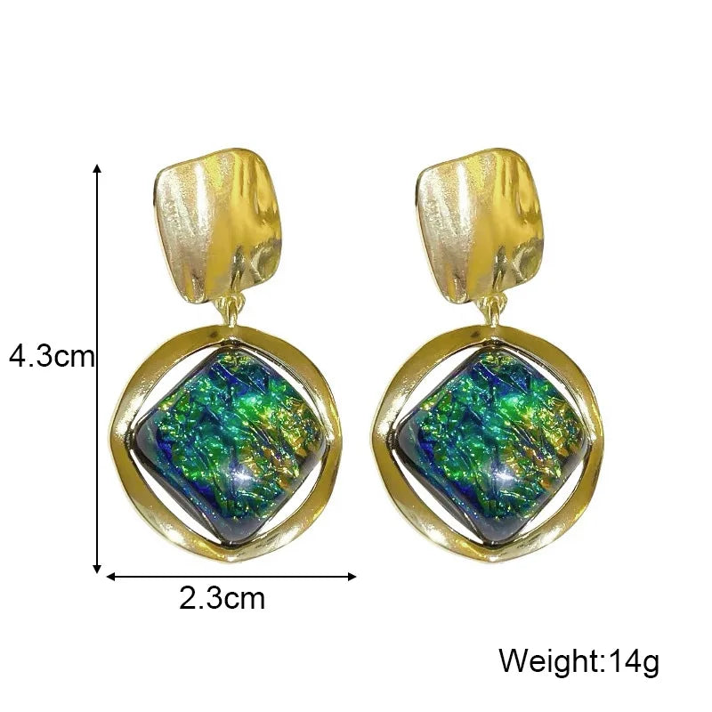 Gradient Green Square Pendant Earrings Geometric Dangle Jewelry for Women