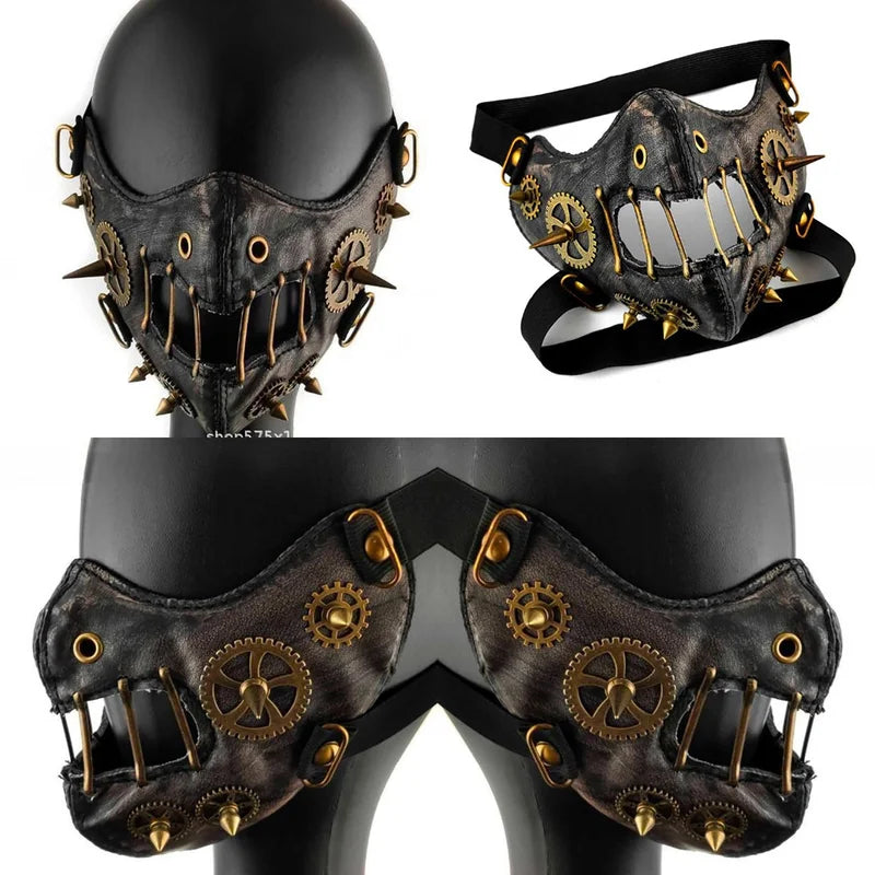 PU Leather Steampunk Mask Protective Face Cover for Party Cosplay Goth Costume