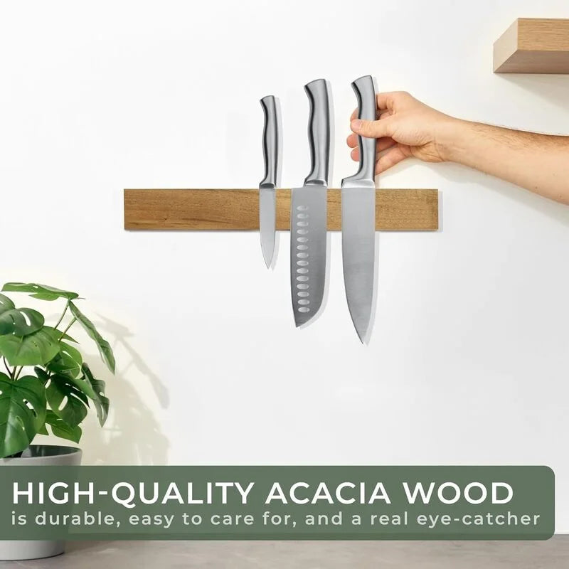 16-Inch Wall-Mounted Magnetic Knife Holder in Acacia Wood - Kitchen Organizer
