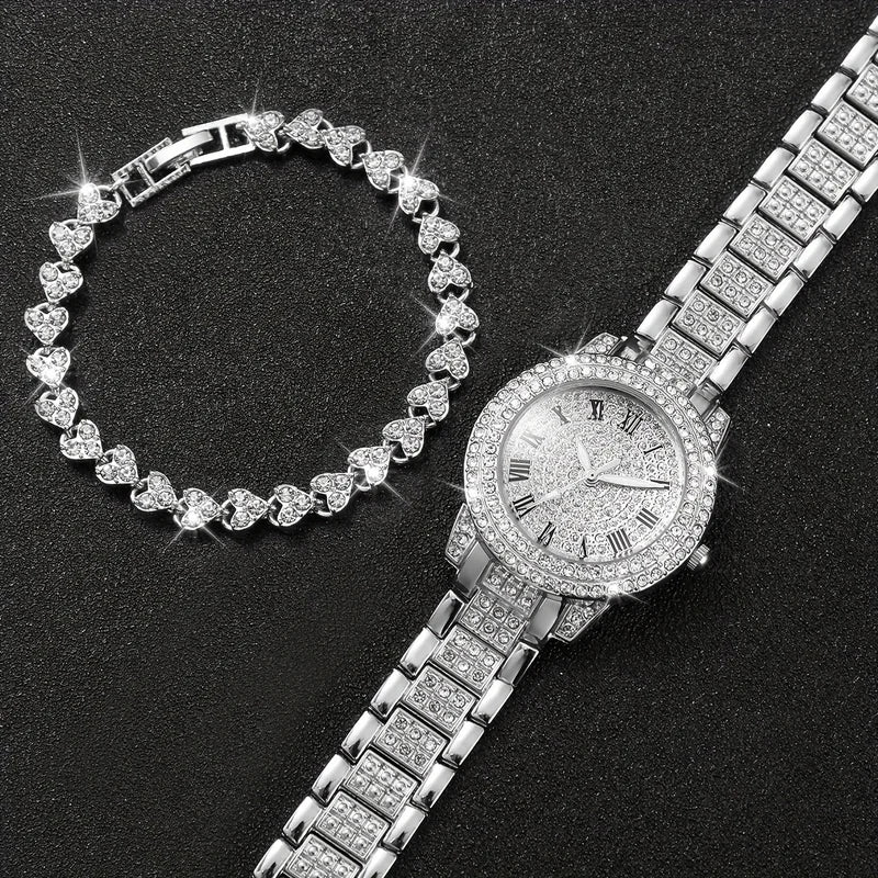 Women's Luxury Rhinestone Stainless Steel Quartz Watch and Heart Bracelet Set