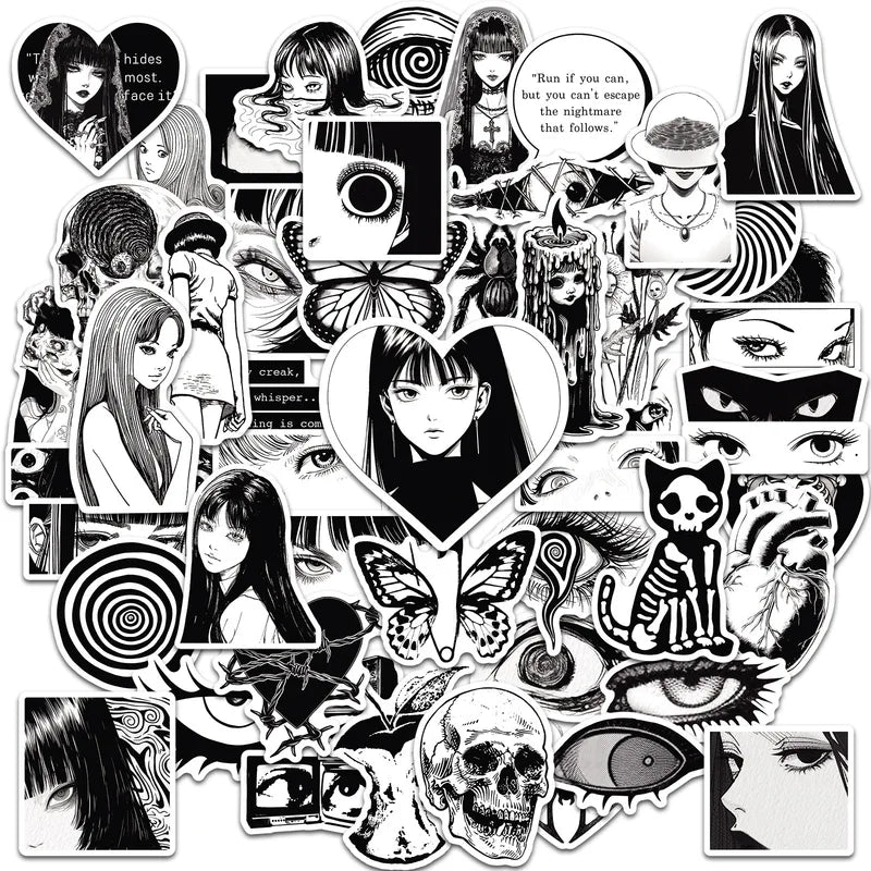 Anime Horror Girl Stickers 50PCS Black & White Aesthetic DIY Scrapbooking Notebook Laptop Luggage Skateboard Car Decals