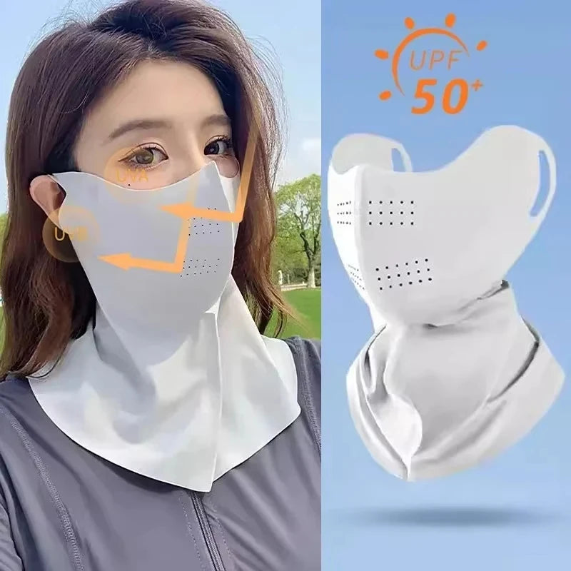 Summer Full Face Sunscreen Mask UPF 50+ Breathable Ice Silk Face Cover for Outdoor Activities