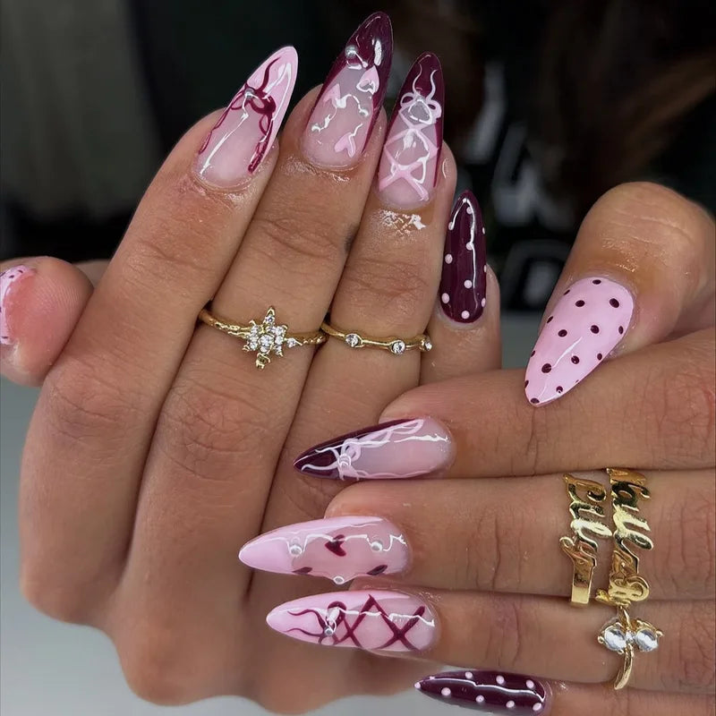 24Pcs Fake Nail Set with 3D Embossed Flowers Leopard Polka Dot Design – Almond Tips, Press-On Nails for Women & Girls