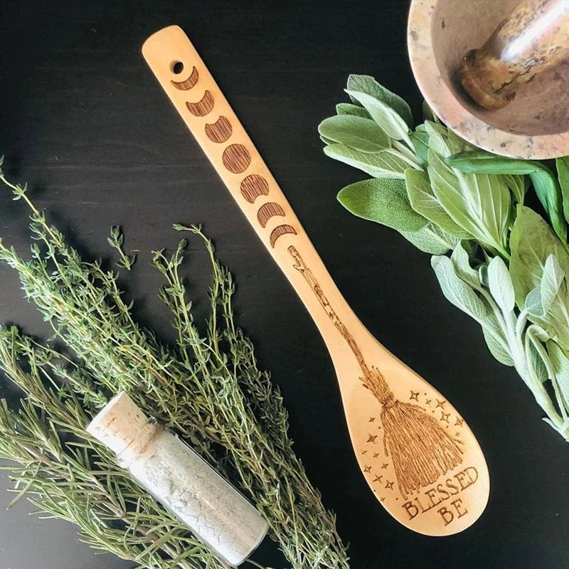 Halloween Witchy Bamboo Wooden Spoon Set - Eco-Friendly Kitchen Utensils - 3 Pieces with Mystical Engraved Designs