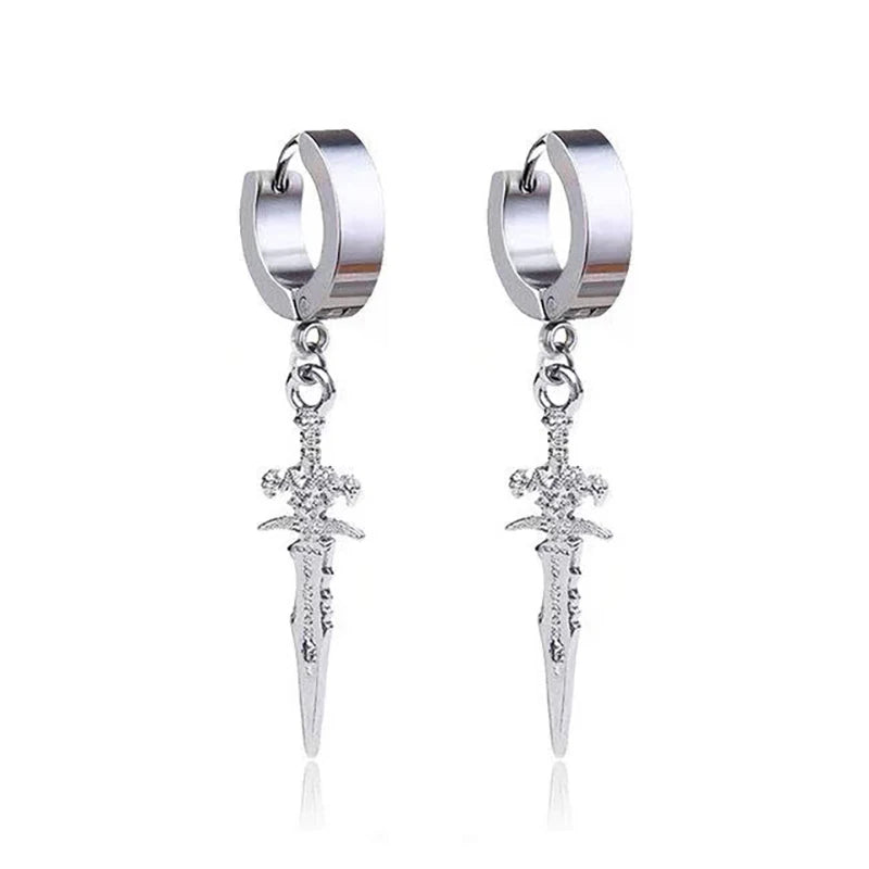 2PCS Stainless Steel Drop Hoop Earrings with Dragon Coil Sword Pendant - Punk Hip Hop Style for Men Women Daily Wear